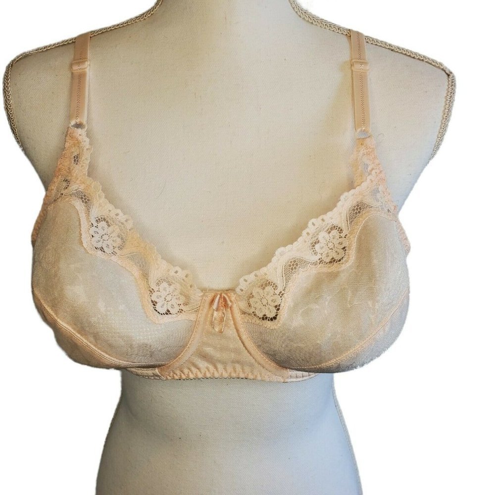 Vintage 90s Unlined Underwire Satin Bra 36B Pale Pink Beige Floral Lace Detail